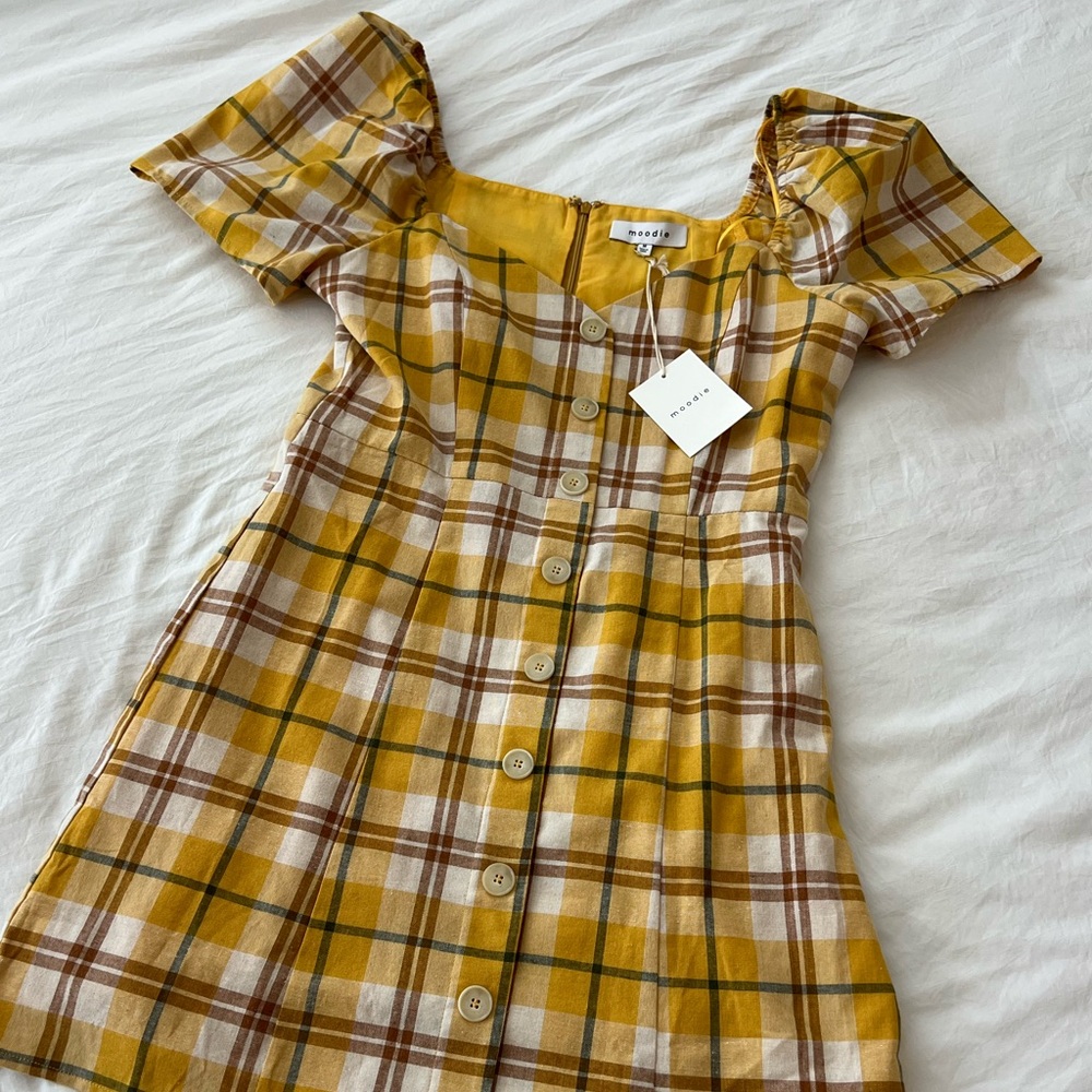 Moodie Mustard Plaid Button-Up Dress